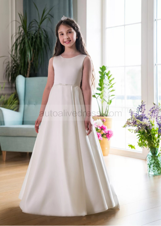 Ivory Satin Open Back Chic Flower Girl Dress